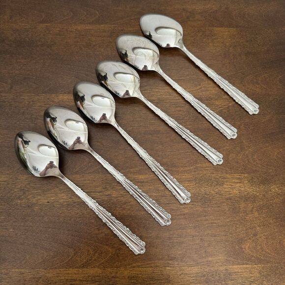 6 Oneida Cherie Oval Soup Serving Spoons Deluxe Stainless Flatware Glossy USA 8” - Picture 2 of 8